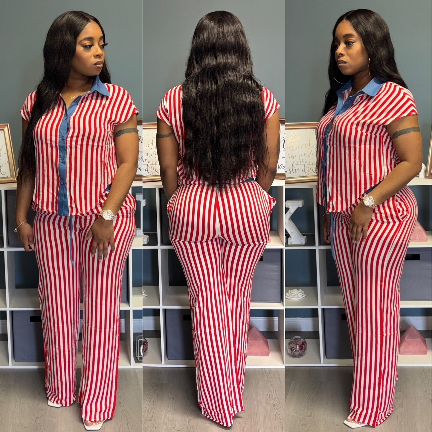 “Stripes & Denim” Pants Set