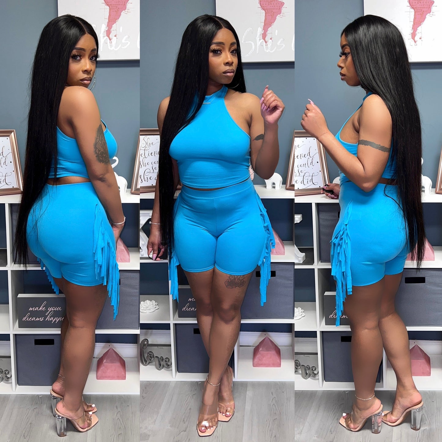“Keeping Me Fringed” (Blue) Short Set